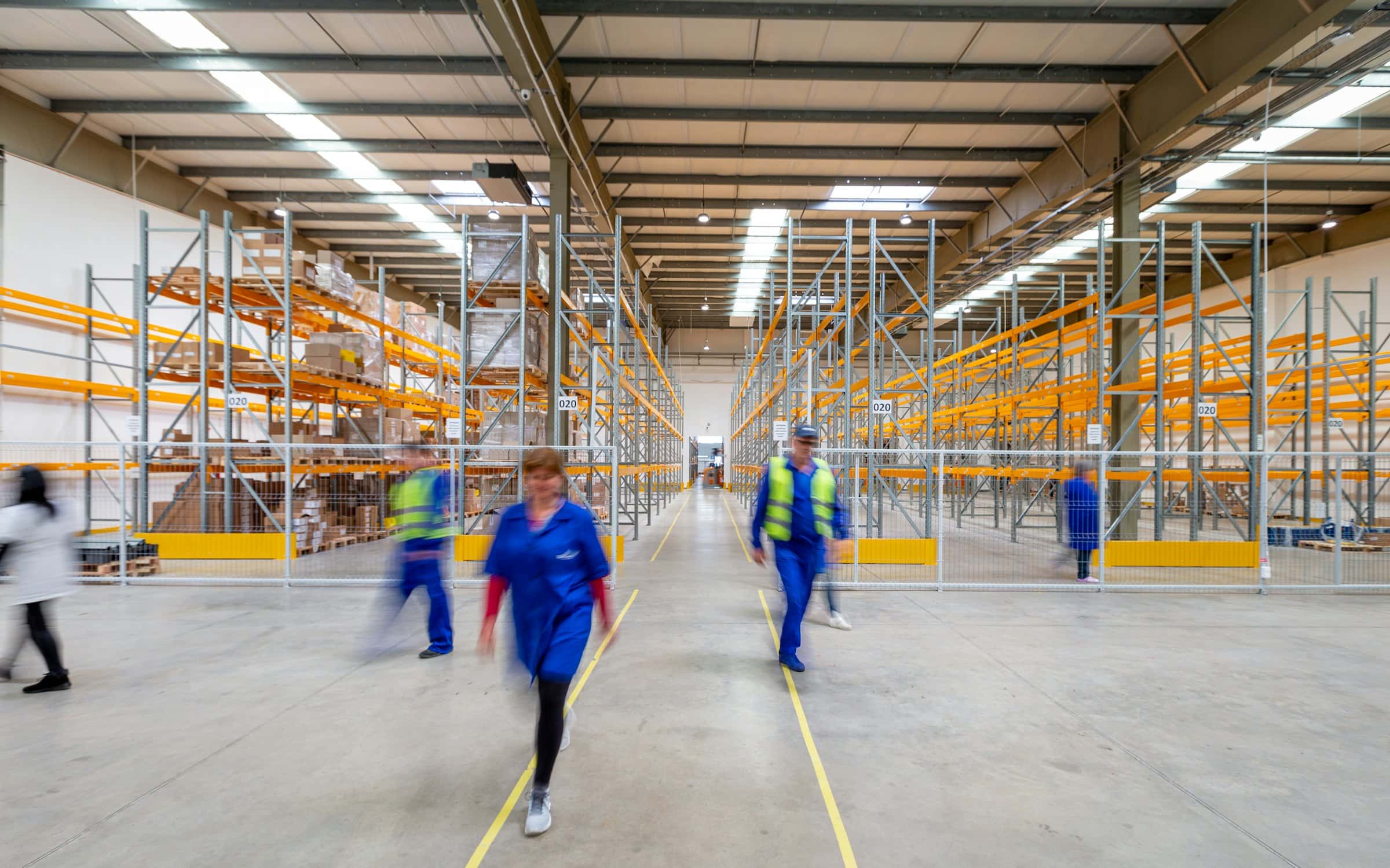 The finished interior of a distribution building in use.